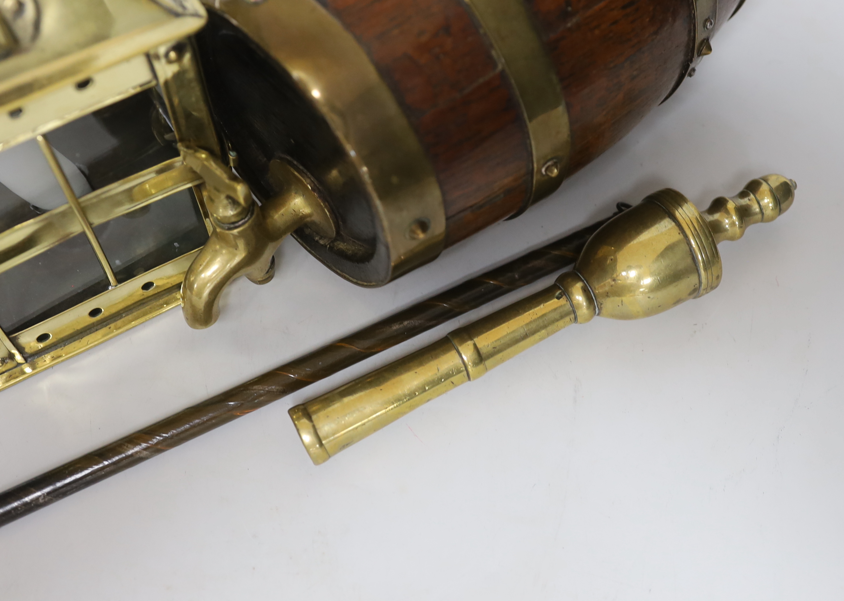 A brass lantern, a brass bound barrel and two other items, lantern 21.5cm high